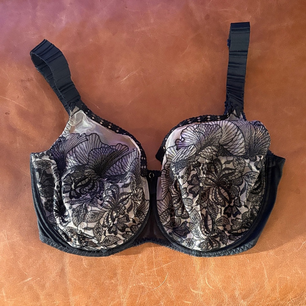 Empreinte Black Sheer Lace Underwire Bra with Floral Overlay 32G